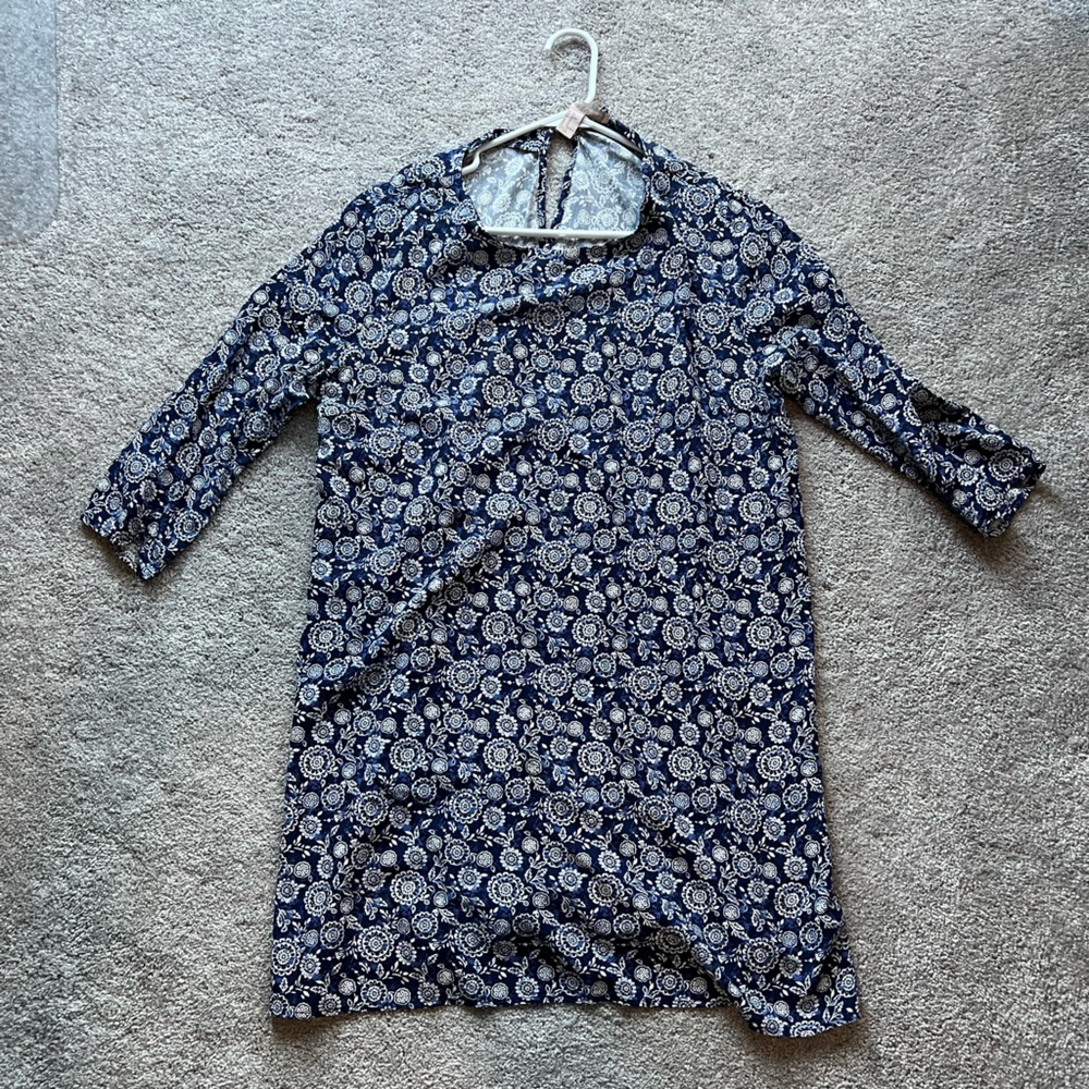 3/4 Sleeve Blue Flowered Dress